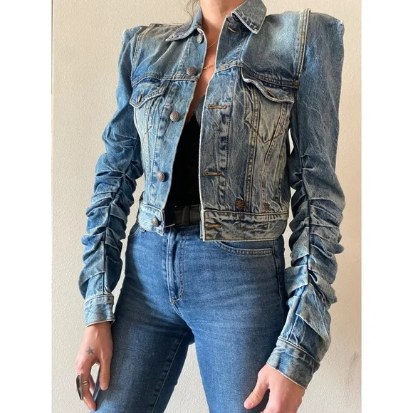 R13 Distressed Denim Jacket Structured Ruched Sleeve Jean Jacket | The Attico - Picture 4 of 13